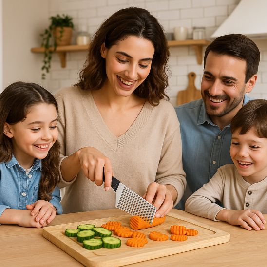 coupe frite manuel maman qui coupe légumes famille heureuse