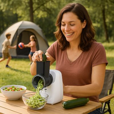 maman en camping qui coupe ses légumes avec sa mandoline electrique