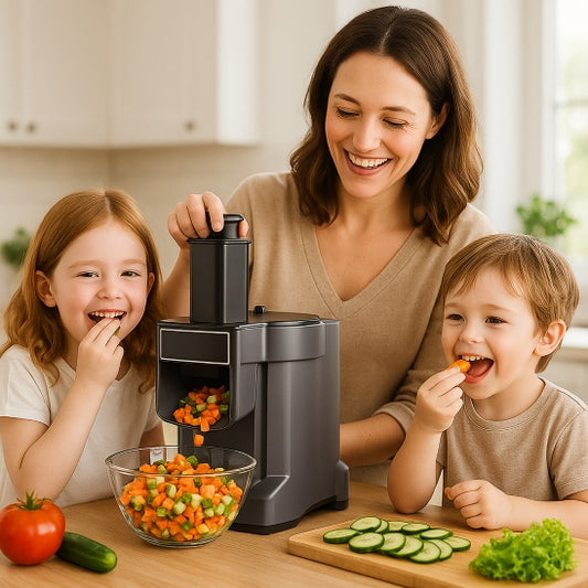 mandoline cuisine électrique maman et enfants heureux coupent légumes