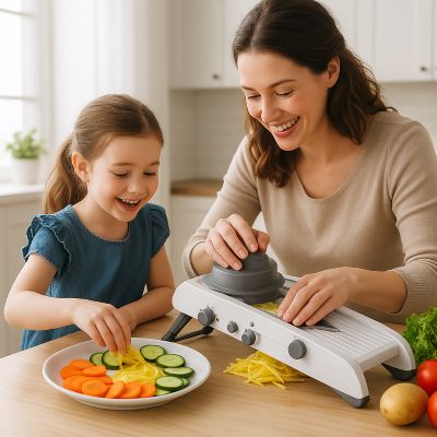 mandoline cuisine maman et fillette préparant une belle salade