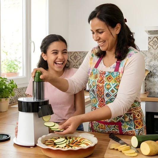 Mandoline Electrique Cuisine maman et son ado préparent un gratin de légumes